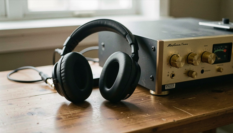 Cuffie circumaurali aperte appoggiate su un tavolo di legno accanto a un amplificatore con manopole dorate