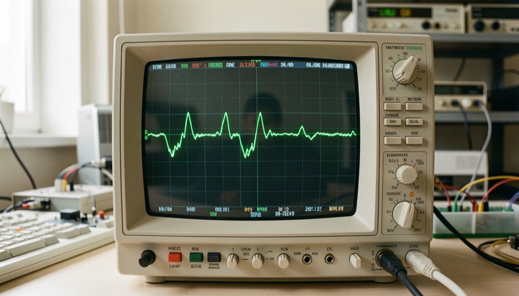 Schermo di un oscilloscopio analogico con traccia verde dell’onda su retina a griglia in un laboratorio di elettronica