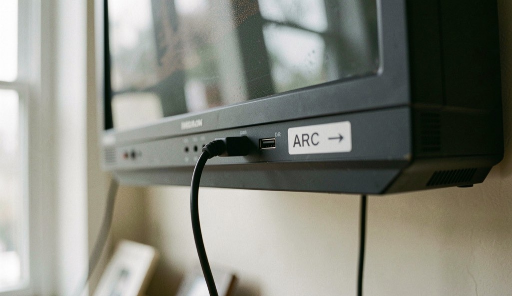 Retro di una televisione appesa con porta HDMI evidenziata dall’etichetta ARC e cavo collegato in ordine