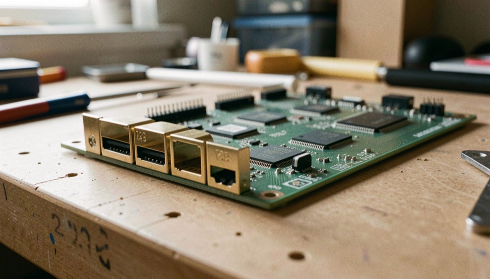 Scheda elettronica con connettori HDMI dorati montati in primo piano su banco da lavoro con luce radente