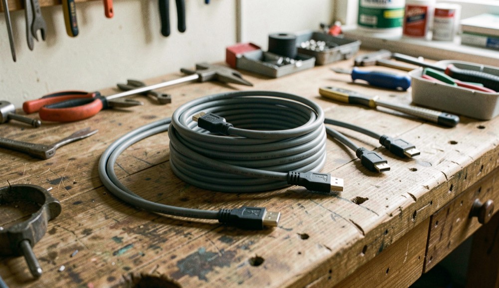 Tre cavi HDMI di lunghezza diversa arrotolati ordinatamente su un banco da lavoro di legno con strumenti