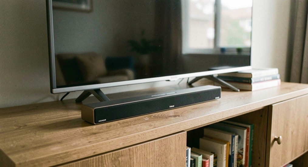 Soundbar sottile appoggiata su un mobile del soggiorno davanti a una televisione spenta con libri sul ripiano