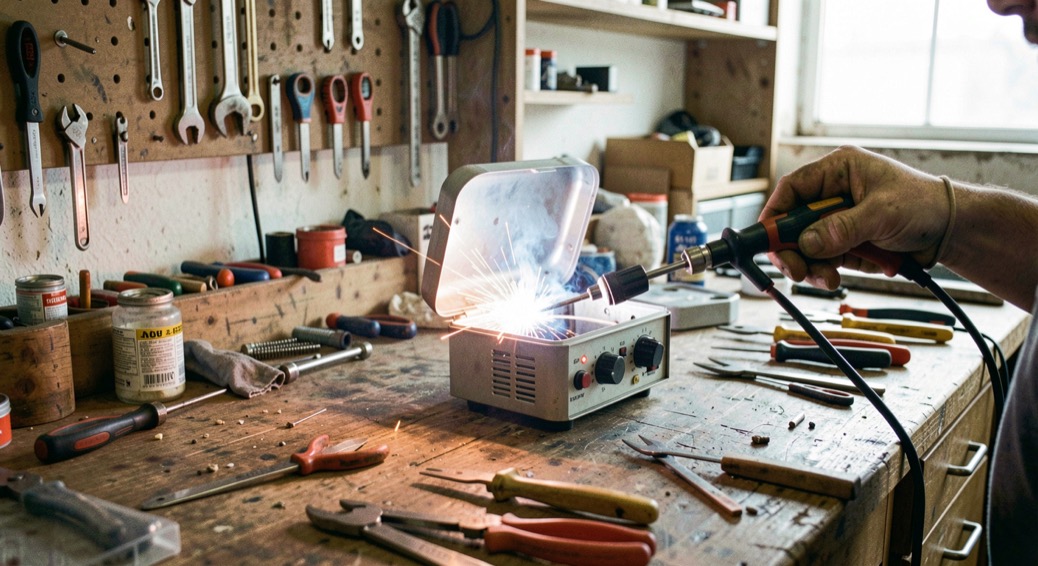Banco di lavoro in un laboratorio di riparazione, saldatore appoggiato su una scheda elettronica smontata, luce naturale da una finestra laterale, inquadratura ravvicinata sulle mani e sugli strumenti.