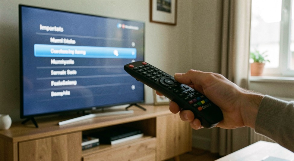 Mano che tiene un telecomando nero puntato verso un televisore acceso sul menu delle impostazioni immagine in salotto