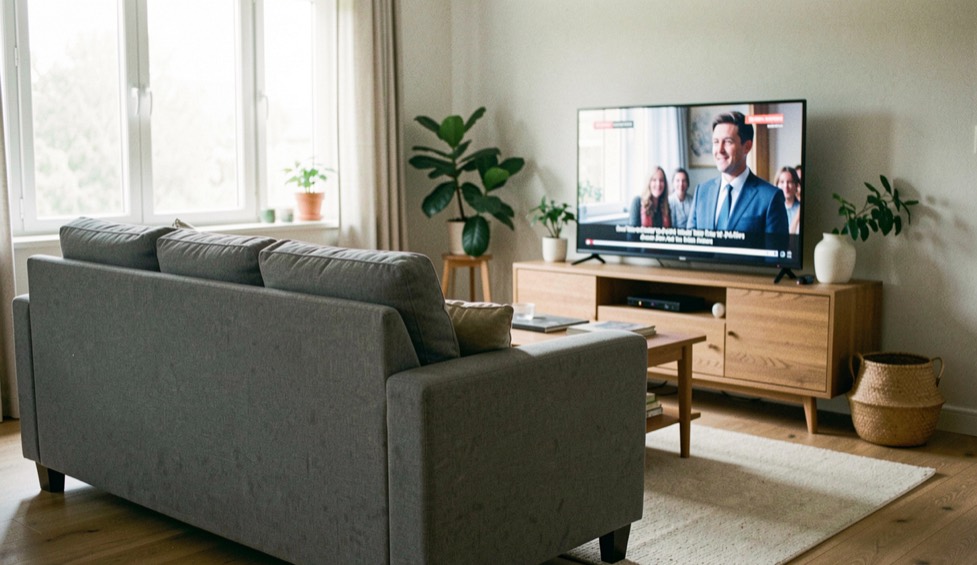 Divano grigio a tre posti davanti a una televisione accesa su una scena luminosa di documentario in un soggiorno ordinato