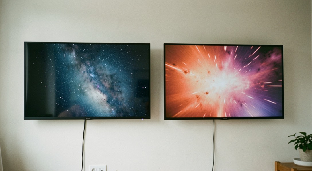 Due televisori affiancati sulla stessa parete mostrano colori diversi a confronto in una stanza con pareti chiare